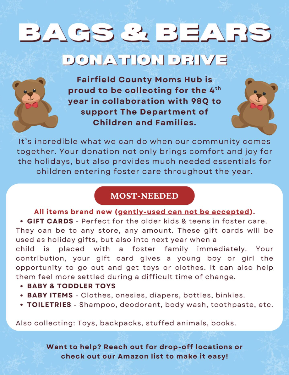 Fairfield County Moms Hub is collecting much needed essentials for children entering foster care in partnership with DCF this holiday season